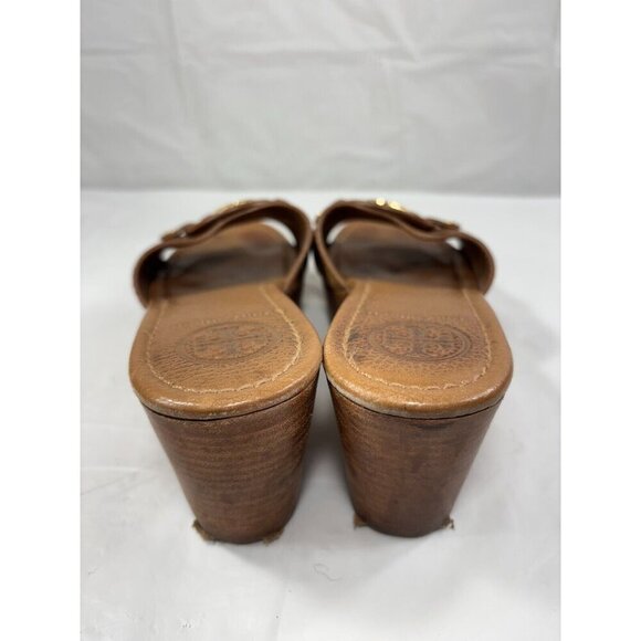 Tory Burch Selma Wedge Platform Slides Shoes Tan Pebbled Gold Logo Open Toe Sz 7 - Picture 11 of 11